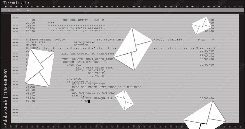 Poster image of computer data processing with email envelope icons