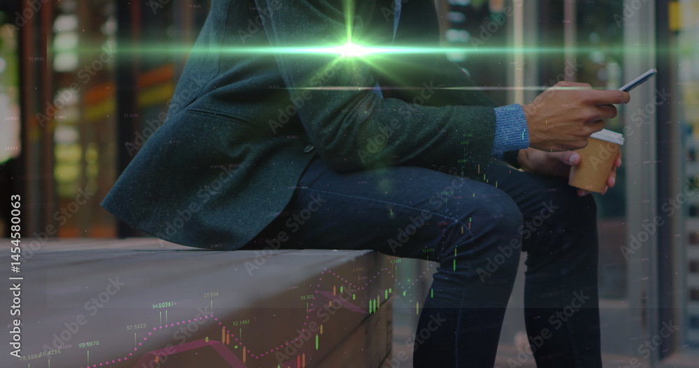 Poster image of statistics and data processing over caucasian businessman using smartphone
