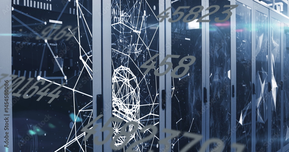 Poster image of connections, numbers, data processing over computer servers