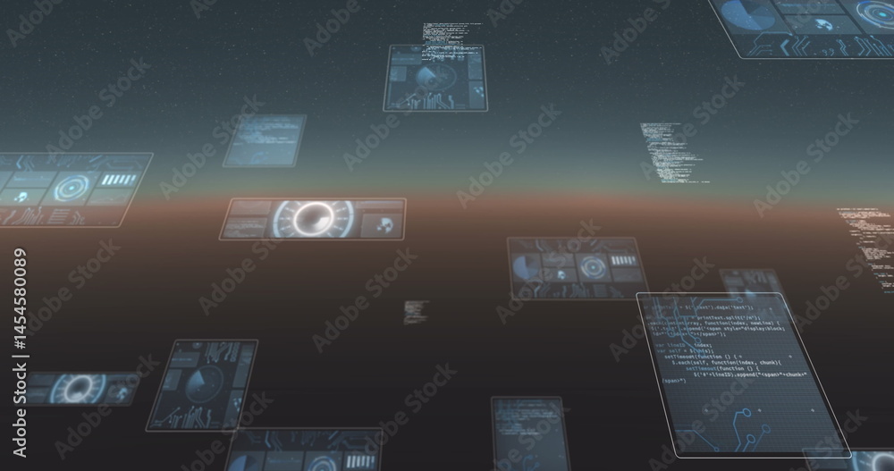 Poster image of falling screens with data processing over dark background