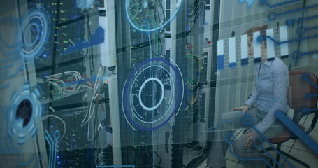 Image of processing circle over data and caucasian woman checking computer wires