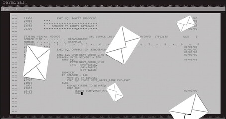 Image of computer data processing with email envelope icons