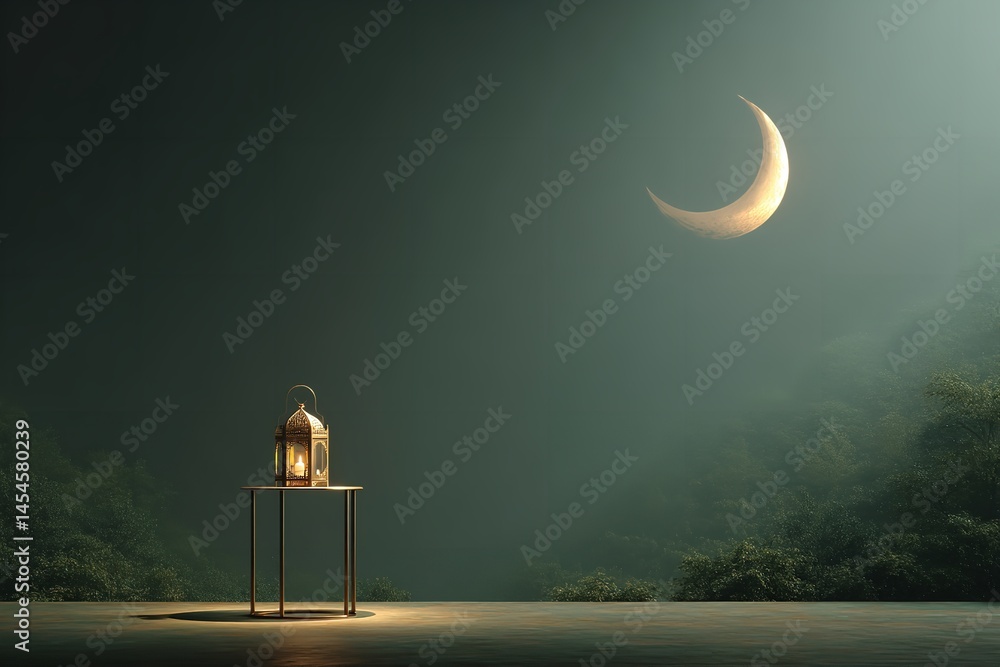 Fototapete a metal table with a gold lamp in the front and a ramadan mubarak backdrop. generative ai