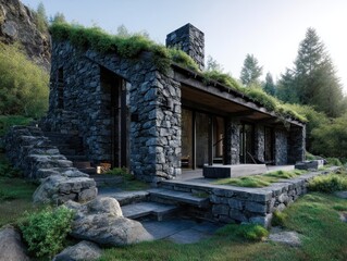 Stone house blending into nature with a living roof, stone steps and adjacent mountains creates a cozy and integrated aesthetic