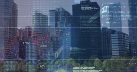 Image of binary coding, financial data processing over cityscape