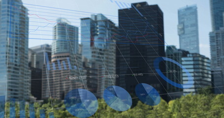 Image of financial data processing over cityscape