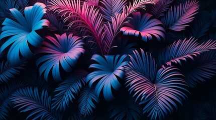 Surreal tropical foliage in vibrant blues, purples, and pinks with dramatic lighting, intricate textures, and layered leaves in an artistic close-up view.
