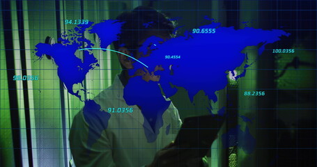 Image of data processing over asian male worker in server room