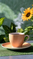 Steaming coffee in an orange cup on a saucer, sits on a green mat with a blurred sunflower background