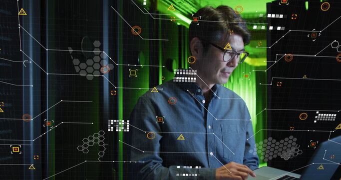Image of data processing over asian male worker in server room