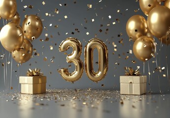 Golden 30th Birthday Celebration with Balloons and Confetti Display