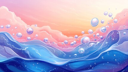 Dreamy ocean waves with pastel sunset sky and bubbles.