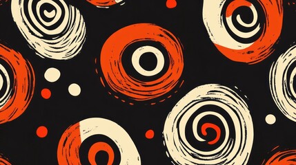 Fototapeta premium Abstract seamless pattern with orange and beige spirals and dots on black background.