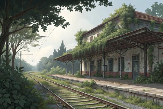 Abandoned Train Station Surrounded by Lush Vegetation and Overgrown Railway Tracks