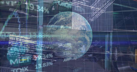 Image of data processing and globe over rubbish dump