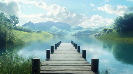 Obraz premium Serene wooden dock leading to a tranquil mountain lake.
