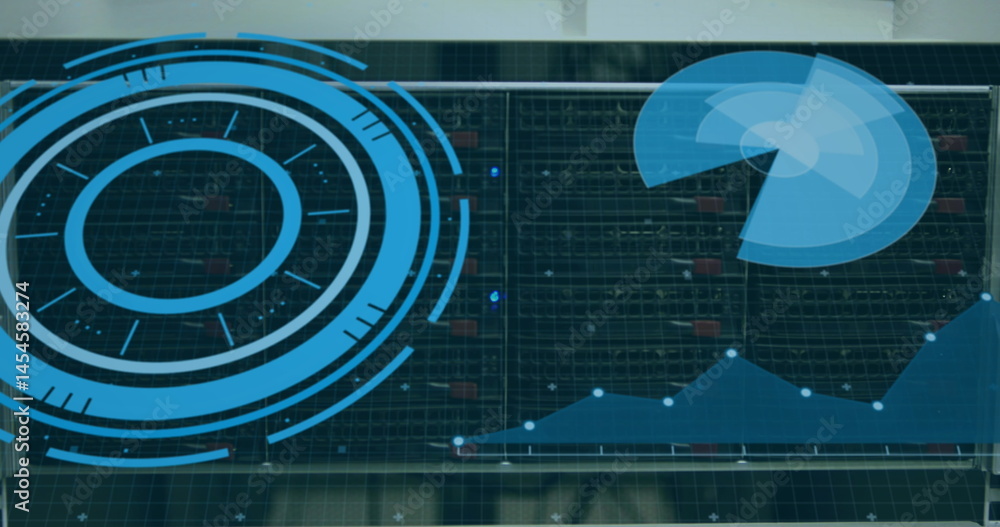 Poster image of scopes scanning and data processing over cables in computer server in background
