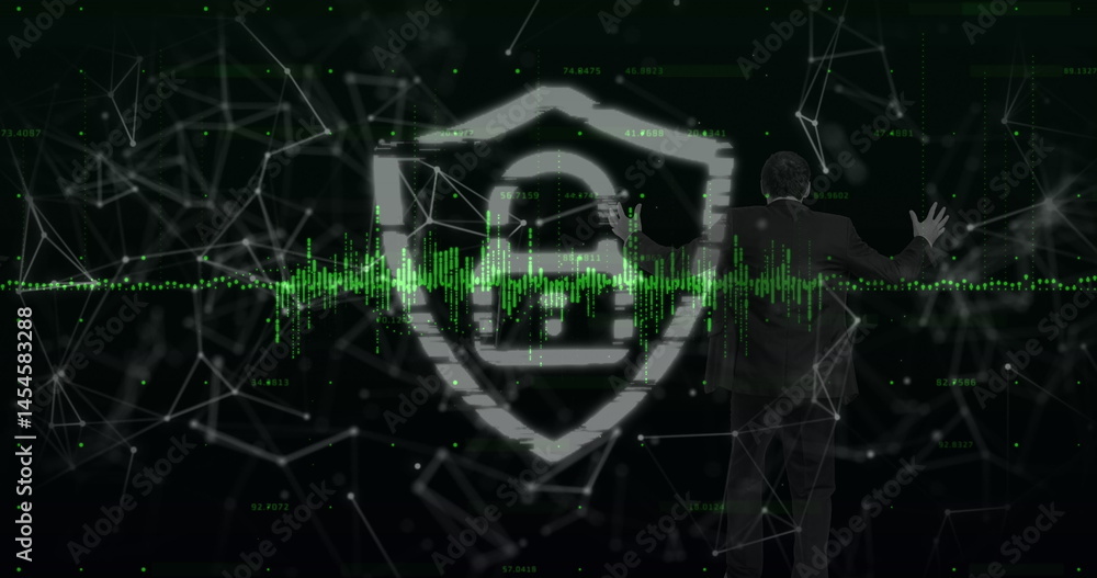 Poster image of online security padlock over network of connections in background