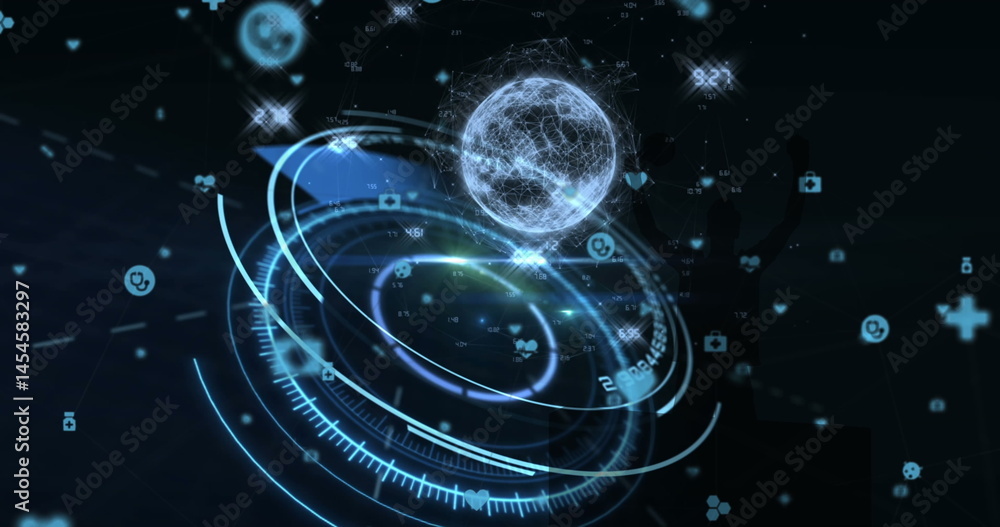 Poster image of scope scanning, globe over network of connections in background