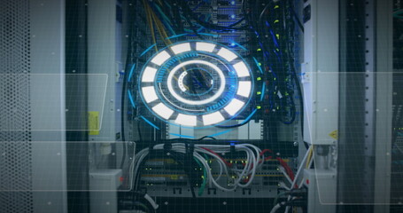 Image of scope scanning and data processing over cables in computer server in background