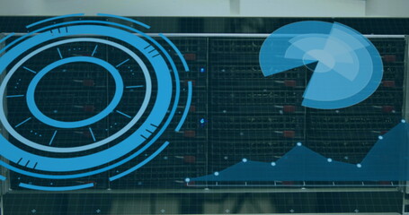 Image of scopes scanning and data processing over cables in computer server in background