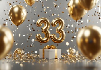 Golden Balloons and Gift with Number Thirty-Three for Celebration