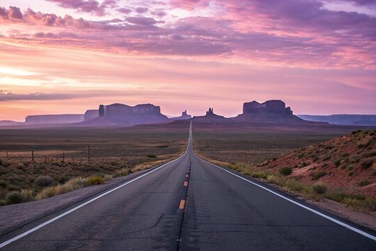 Beautiful Scenic Road Leading to Monument Valley at Sunrise with Colorful Sky