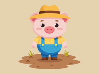 Adorable Cartoon Pig Farmer in Hat and Overalls Standing in Mud