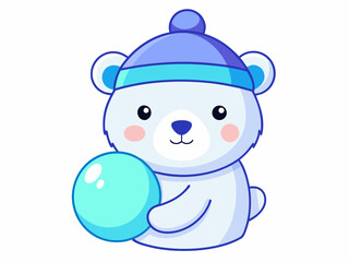 Adorable Cartoon Polar Bear Wearing a Winter Hat Playing with a Ball