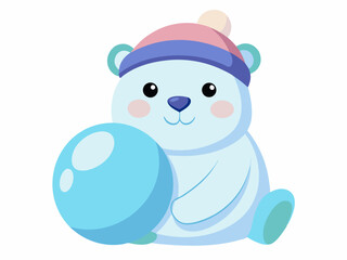Adorable Polar Bear Cub Wearing Winter Hat Holding a Snowball