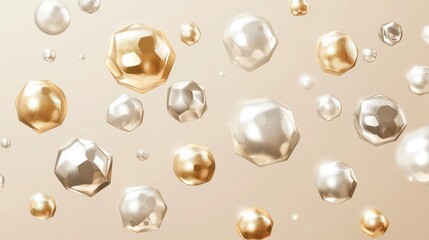 Abstract background with floating gold and silver spheres.