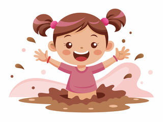 Happy Little Girl Playing in Mud Puddle Cartoon Illustration