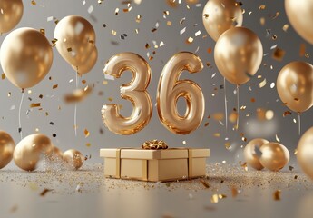 Golden Celebration with Balloons, Confetti, and a Gift Box