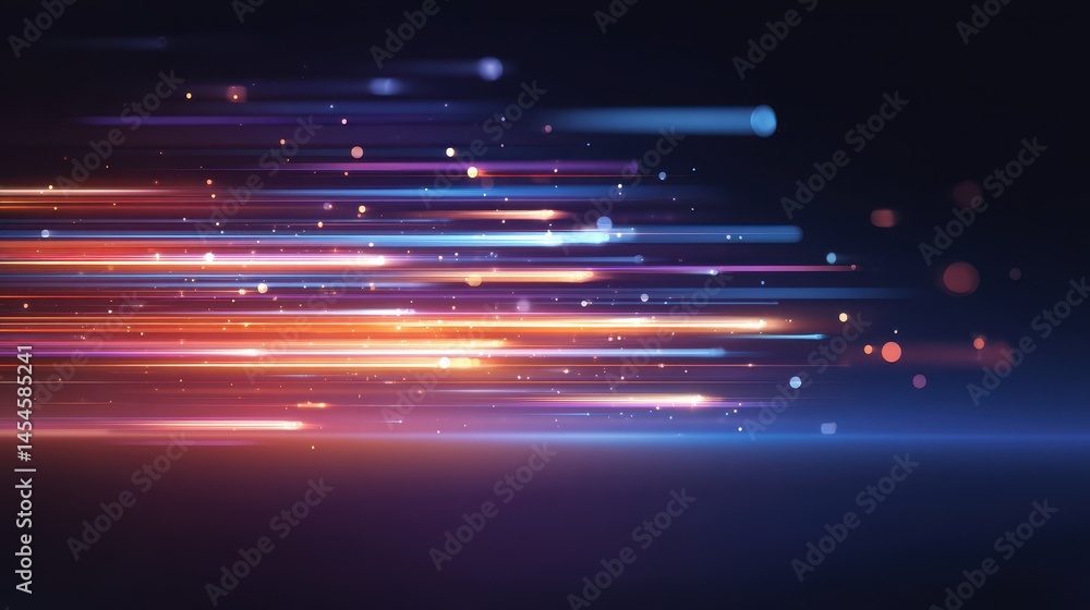 Aufkleber Dynamic streaks of colorful light trails move horizontally across a dark background, creating a sense of speed and futuristic motion.