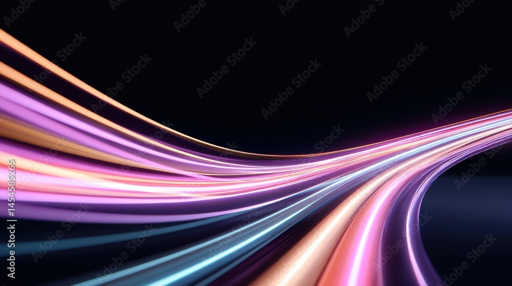 Poster colorful light trails curve through a dark background, creating a dynamic, futuristic abstract effec