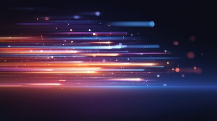 Dynamic streaks of colorful light trails move horizontally across a dark background, creating a sense of speed and futuristic motion.