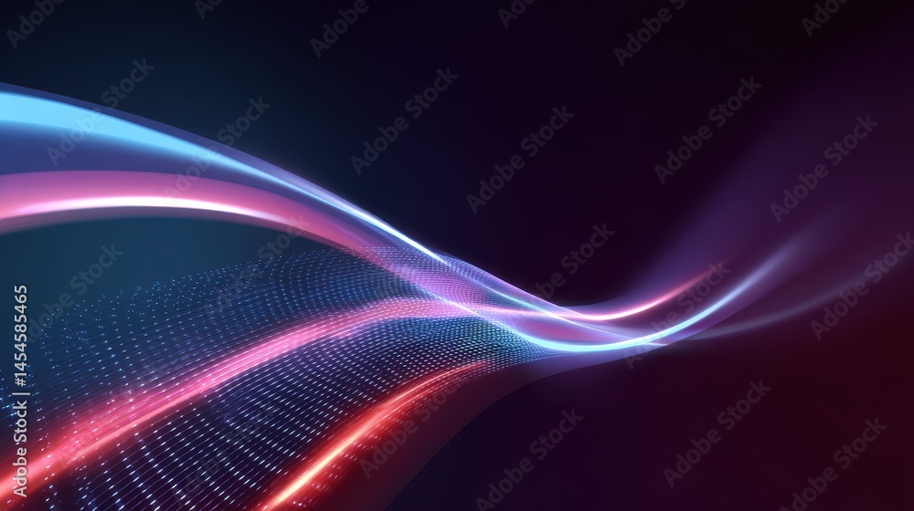 Poster abstract digital waves with glowing lines and dots on a dark background, creating a sense of motion 