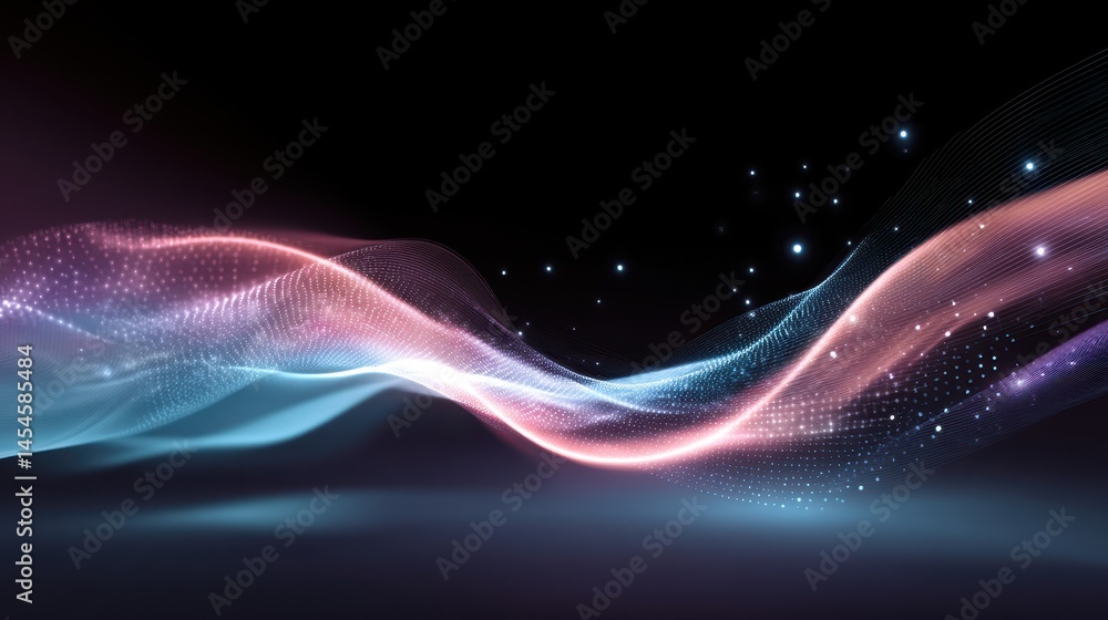 Poster a colorful digital wave of light and particles flows smoothly across a dark background, creating a f