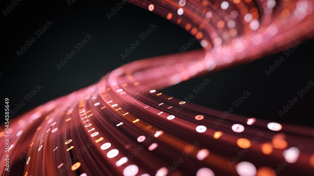 Poster abstract digital strands of glowing lights curve through a dark background, symbolizing data transmi