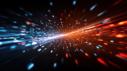 Fototapeta premium Abstract digital burst of blue and orange light streaks radiating from a central point, creating a sense of speed and energy.