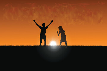 Father with his daughter silhouette in sunset, tropical vacation in summer, Happy Father's Day concept, vector illustration design background