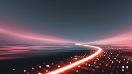 A glowing red light trail curves through a futuristic, abstract landscape filled with sparkling digital points and a dark sky.