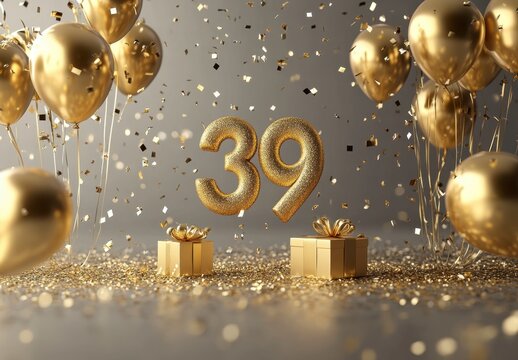 Golden Celebration with Balloons, Gifts, and Sparkling Number 39