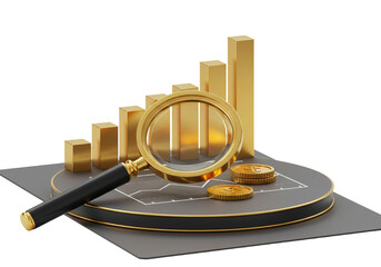 Analyzing Financial Growth Chart with Magnifying Glass and Coins