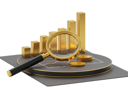 Analyzing Financial Growth Chart with Magnifying Glass and Coins