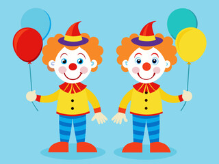 Naklejka premium Two Happy Clowns Holding Balloons Cartoon Illustration