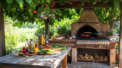 Outdoor cooking area under pergola