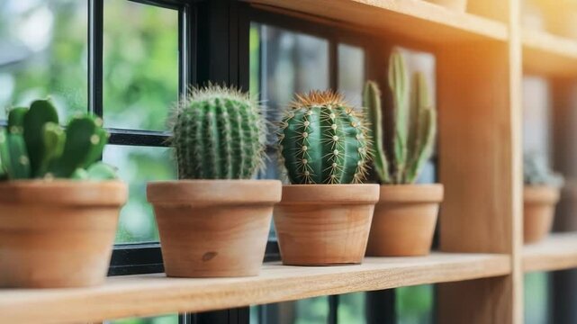 A lovely collection of cacti in terracotta pots on a wooden shelf, enjoying warm sunlight