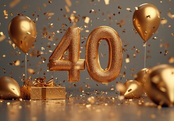 Golden 40th Birthday Celebration with Balloons and Confetti