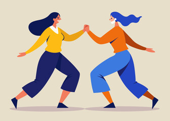 Obraz premium Two Happy Women Meeting and Holding Hands Joyfully